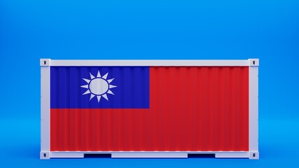 Side View Shipping Container on Blue Background with the National Flag of Taiwan