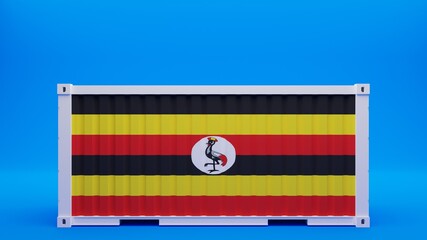 Side View Shipping Container on Blue Background with the National Flag of Uganda