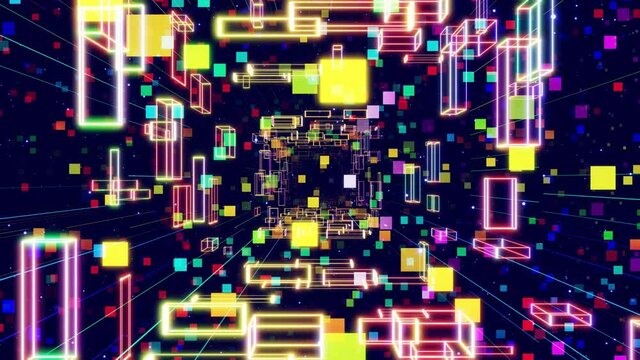 3d looped background motion design. Dark sci fi bg, flight through tech digital space like in tunnel with multicolor neon light. Hi-tech information flow in blockchain or bigdata. Space scene.