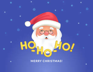 Smiling Santa Claus head wearing red hat and glasses with ho-ho-ho merry chrismas text. 3d character for xmas greeting card or invitation template design with copy space and happy new year celebrating