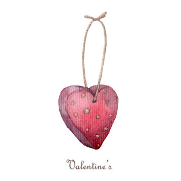 pendant pink heart with dots sewn Isolated on white background. Watercolor valentines day clipart.
