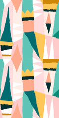 Modern trendy collage with cut out elements. Colorful abstract geometric seamless pattern.