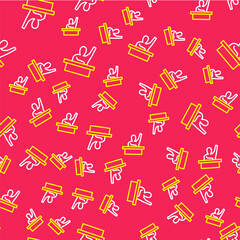 Line Active male kid raising hand answering to teacher question icon isolated seamless pattern on red background. An elementary student raises his hand. Vector