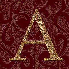 Golden Decorative Filigree Scroll-work  Alphabet Capital Letter A On Burgundy and Gold Leaf Background
