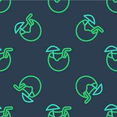 Line Coconut juice exotic fresh cocktail and umbrella icon isolated seamless pattern on blue background. Vector