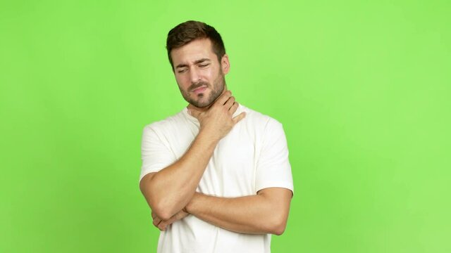Handsome man with sore throat over isolated background