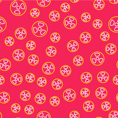 Line Radioactive icon isolated seamless pattern on red background. Radioactive toxic symbol. Radiation Hazard sign. Vector