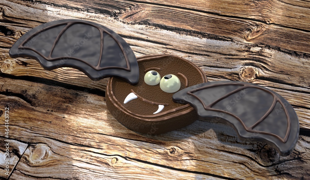 Sticker Halloween bat cookie on wooden background - 3D illustration