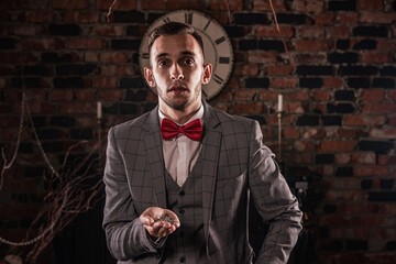 man in formal suit with flapper confetti
