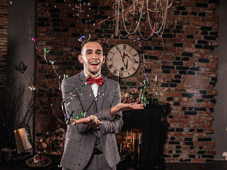 man in formal suit with flapper confetti