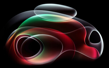 3d render of abstract art 3d background with part of surreal alien flower substance in curve round wavy organic spherical lines forms in pink emerald green and red gradient color on black