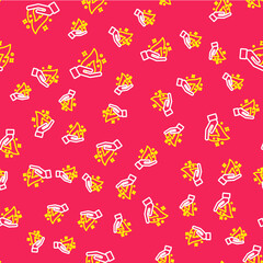 Line Hand holding a fire icon isolated seamless pattern on red background. Vector