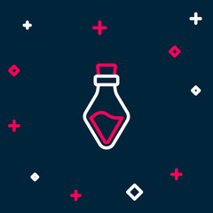 Line Bottle with potion icon isolated on blue background. Flask with magic potion. Happy Halloween party. Colorful outline concept. Vector