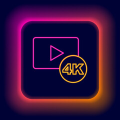 Glowing neon line Screen tv with 4k Ultra HD video technology icon isolated on black background. Colorful outline concept. Vector
