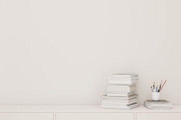 Empty white wall with book on the floor. 3d rendering.