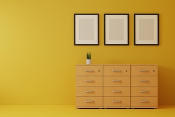 Group of the picture frame on the wall in the modern yellow living room with sofa and furniture. 3d rendering.