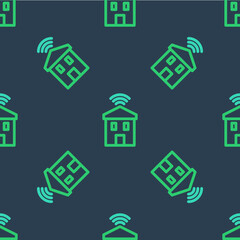 Line Smart home with wi-fi icon isolated seamless pattern on blue background. Remote control. Vector