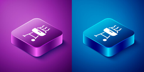 Isometric Barbecue grill icon isolated on blue and purple background. BBQ grill party. Square button. Vector