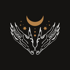 Magical witch hand. Hands holding crescent moon. Boho mystical style.