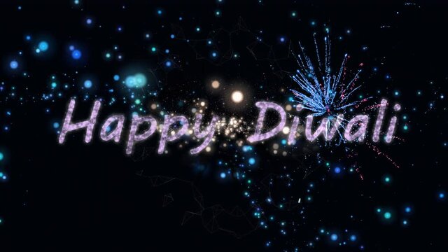 Animation of happy diwali over fireworks on black background
