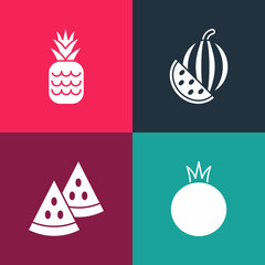 Set pop art Tomato, Watermelon, and Pineapple icon. Vector