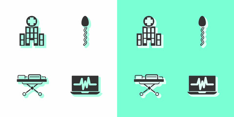 Set Laptop with cardiogram, Medical hospital building, Stretcher and Sperm icon. Vector