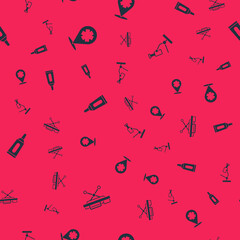 Set Stretcher, Location with cross hospital, Ointment cream tube medicine and Microscope on seamless pattern. Vector