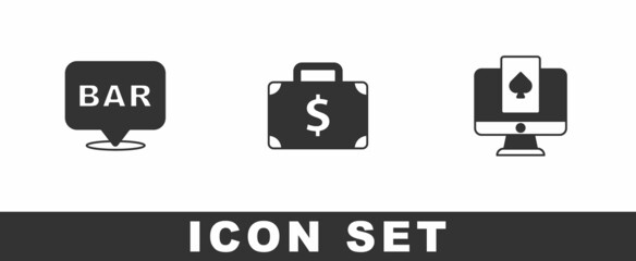 Set Alcohol bar location, Briefcase and money and Online poker table game icon. Vector
