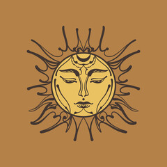 Sun magic astrology art. Vintage antique solar symbol with face.