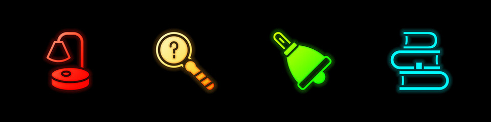 Set Table lamp, Unknown search, Ringing bell and Book icon. Vector