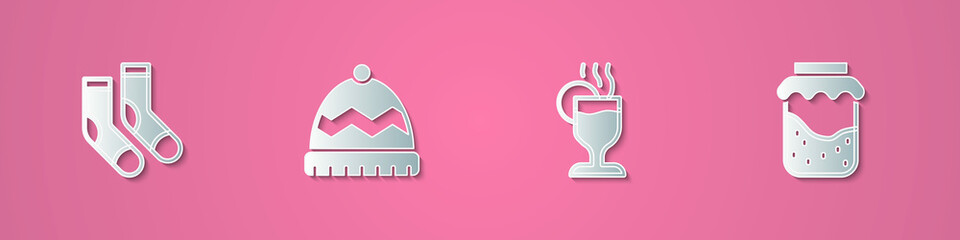 Set paper cut Socks, Winter hat, Mulled wine and Jam jar icon. Paper art style. Vector