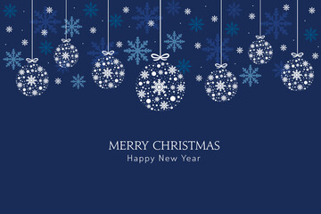 Blue Christmas background with snowflakes hanging. Vector design of winter holidays. Merry Christmas and Happy New Year greeting card.
