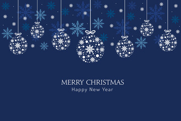 Fototapeta premium Blue Christmas background with snowflakes hanging. Vector design of winter holidays. Merry Christmas and Happy New Year greeting card.