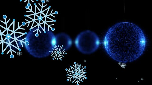 Animation of christmas snowflakes and baubles on black background