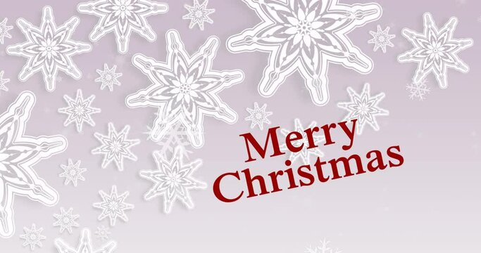 Animation of merry christmas over snowflakes on beige background