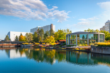 Autumn view along the Spokane River of Riverfront Park and the carousel in downtown Spokane,...