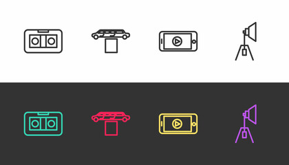 Set line VHS video cassette tape, Limousine car and carpet, Online play and Movie spotlight on black and white. Vector