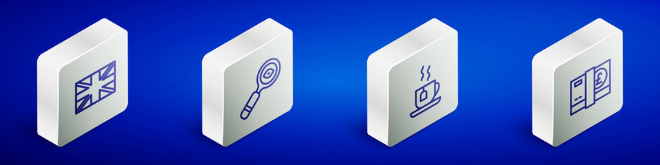 Set Isometric line Flag of Great Britain, Magnifying glass, Cup tea with tea bag and Pound sterling money icon. Vector
