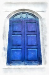 large antique wooden window watercolor style illustration impressionist painting.