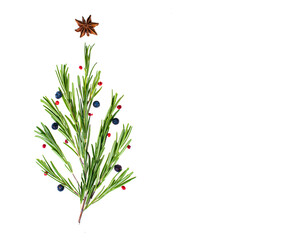 Food Christmas background with green Rosemary twigs as Christmas tree, badian as Christmas star. Christmas cooking