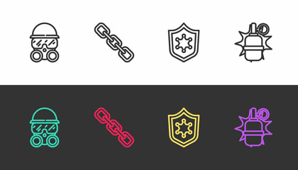 Set line Gas mask, Chain link, Police badge and Hand grenade on black and white. Vector