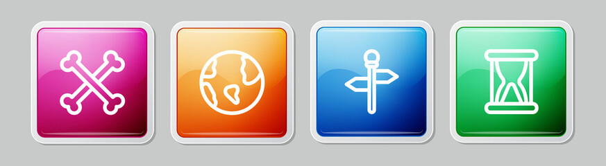 Set line Crossed human bones, Earth globe, Road traffic signpost and Old hourglass with sand. Colorful square button. Vector