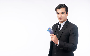 Payment transaction and financial concept. Success handsome businessman wear suit with tie  holding...