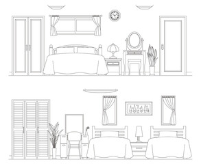 インテリアの線画ベクターイラスト. 寝室.