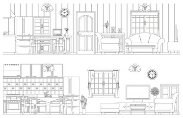 インテリアの線画ベクターイラスト. キッチン. リビングルーム. ダイニングルーム.