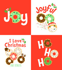 Christmas donuts character t-shirt designs with, Santa, snowman and reindeer icing design.