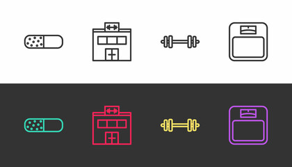 Set line Vitamin pill, Gym building, Barbell and Bathroom scales on black and white. Vector