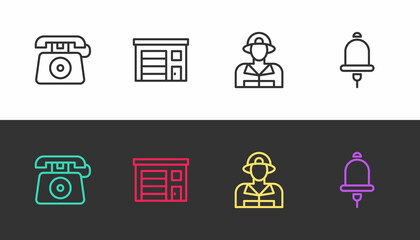 Set line Telephone call 911, Building of fire station, Firefighter and Ringing alarm bell on black and white. Vector