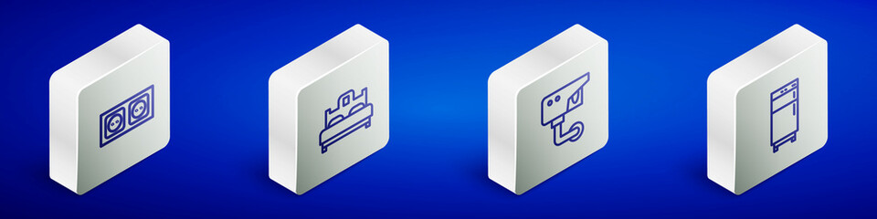 Set Isometric line Electrical outlet, Bedroom, Security camera and Refrigerator icon. Vector