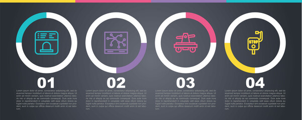 Set line Ticket office to buy tickets, Railway map, Draisine or handcar and Emergency brake. Business infographic template. Vector